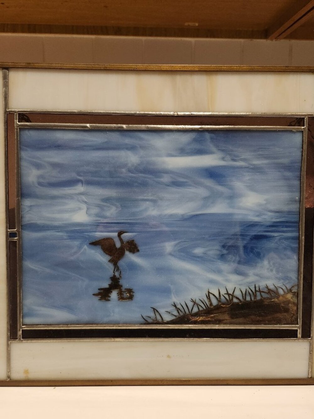 Mid century modern brutalist Stained glass heron or egret panel with bird
